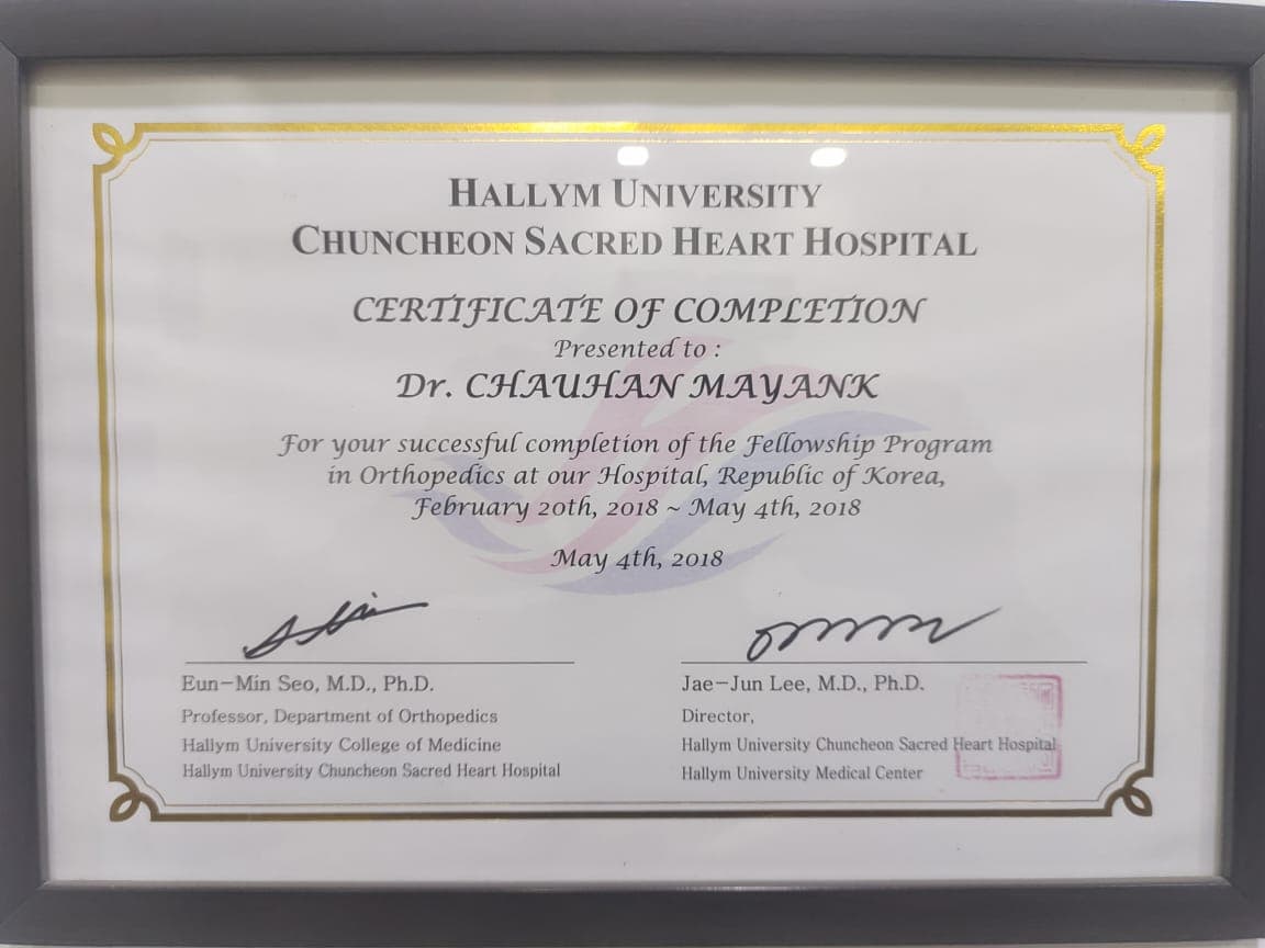 Dr. Mayank Chauhan orthopaedic qualification and fellowship certificate