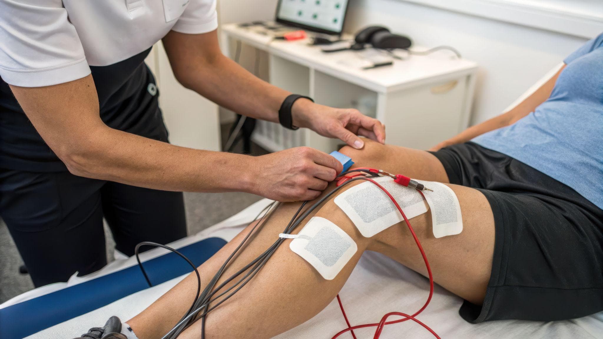 Therapist is connecting wires(electrodes) to the patient in the clinic for electrotherapy.
