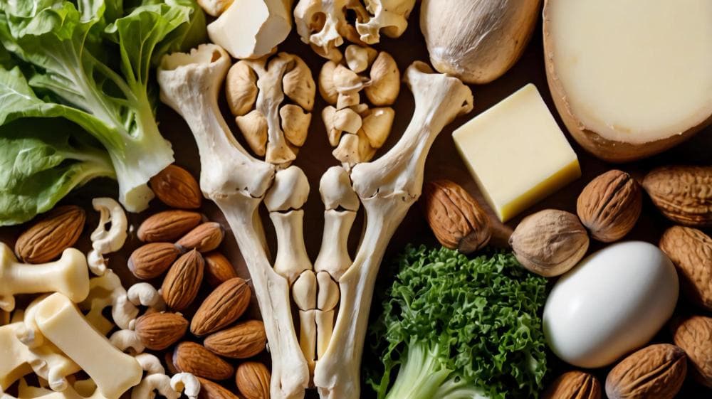 Bones arranged with dairy products, nuts, eggs, and green vegetables, representing bone-strengthening foods.