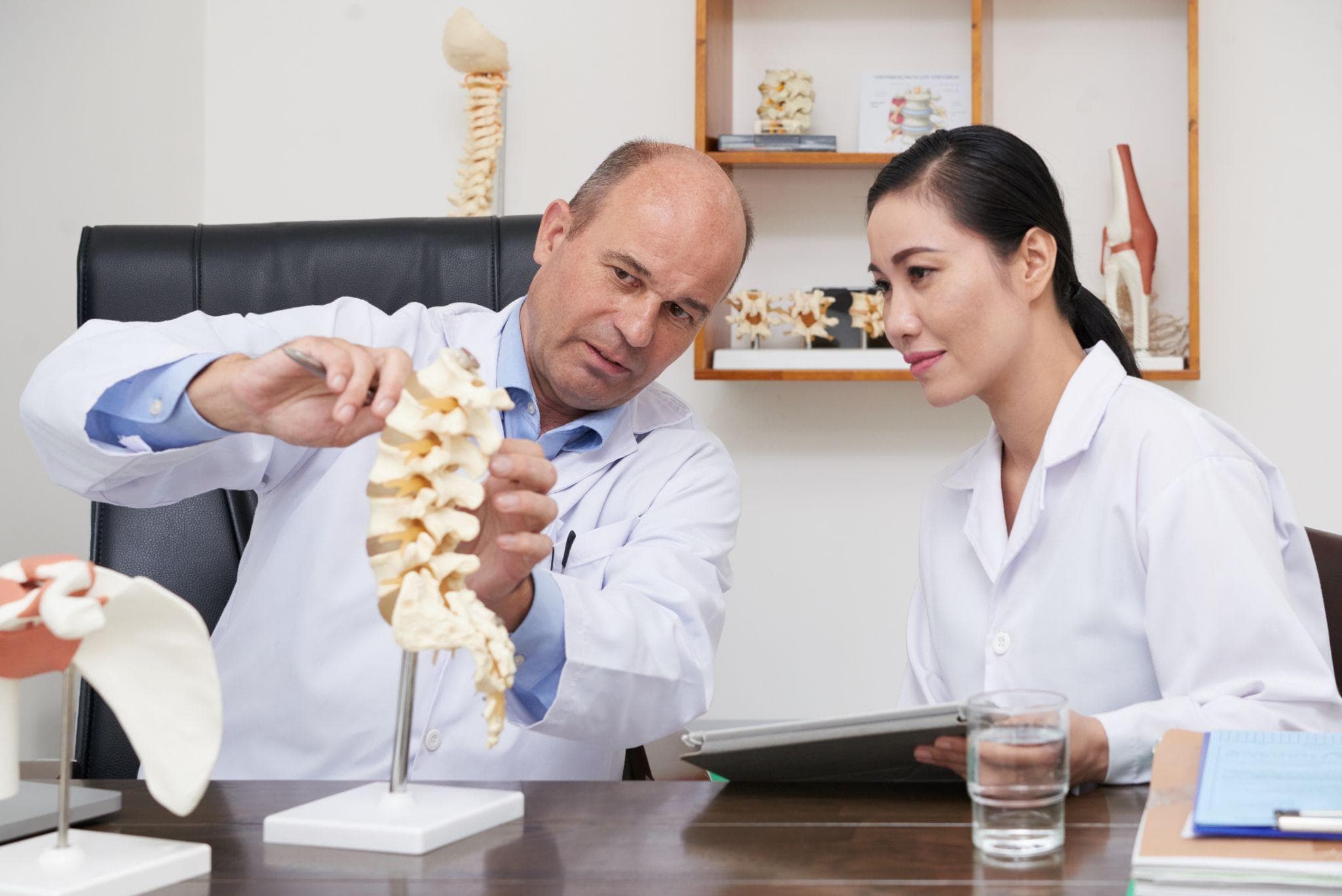 An orthopedic doctor explaining a spine model to a patient during a consultation.