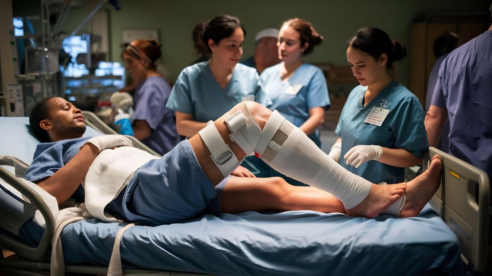 A patient with bandages and knee compression is lying on the hospital bed with nurses around treating him.