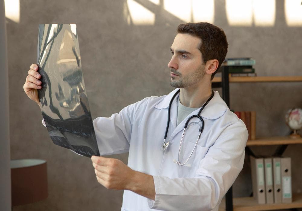 A doctor is standing in his clinic and looking at an X-ray of the patient.