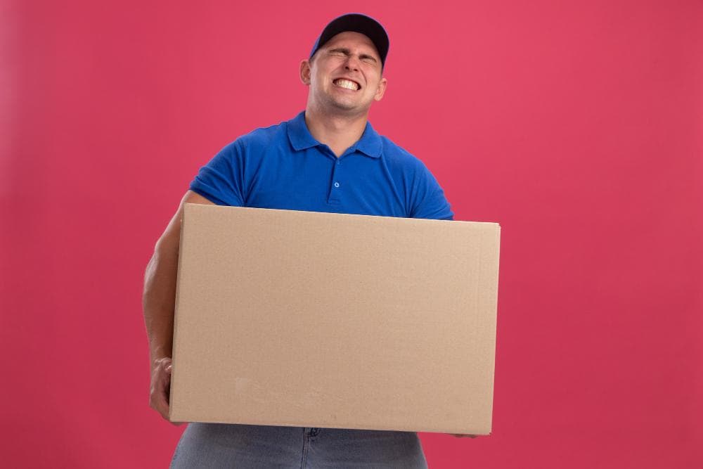 A man is holding a heavy parcel and seems in visible pain against a red background.