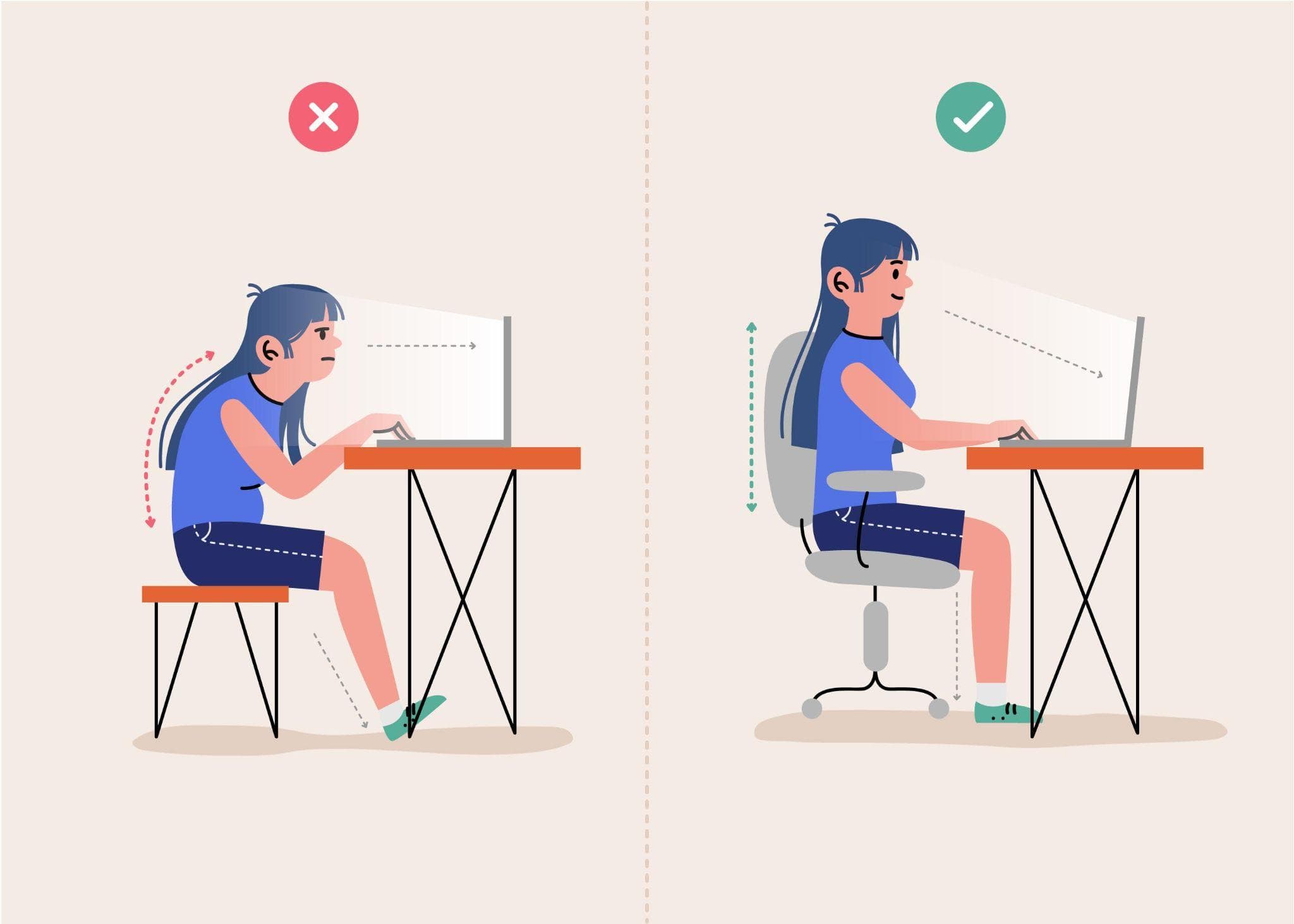 A comparison illustration showing a girl on one side sitting in a slumped manner(wrong) and working on a laptop, and on the other side sitting in an upright position(right) and working on a laptop.