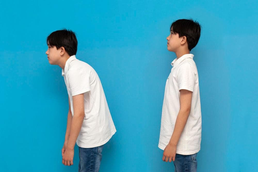 Side-by-side comparison of a young boy showing poor posture with a slouched back and correct posture standing straight against a blue background.