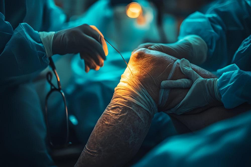 A group of surgeons is operating on a patient’s knee with a glowing incision in the operating room.