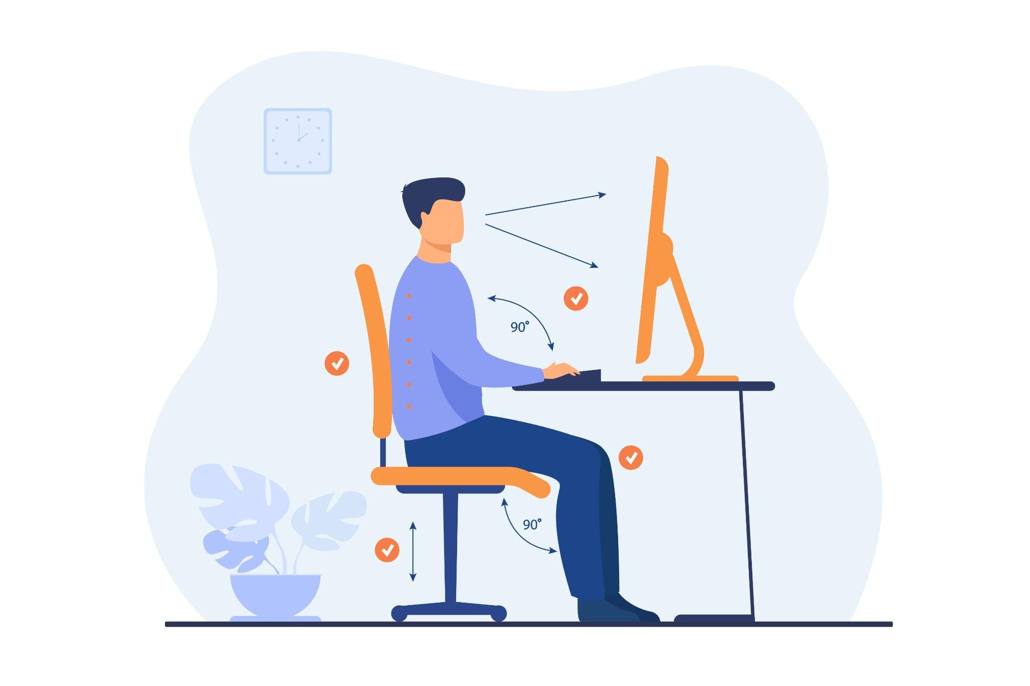 An illustration is shown of a workplace where a man is sitting in front of his computer with a correct posture and eye level at the screen.