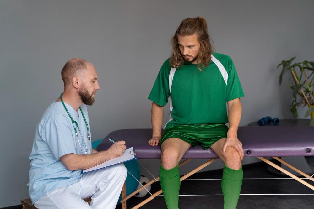 An athlete is sitting on a stretcher, consulting with a doctor sitting beside him.