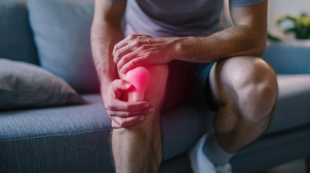 A close-up shot of a man holding his knee in pain and sitting on his couch. The affected area is shown by a red highlighting light.