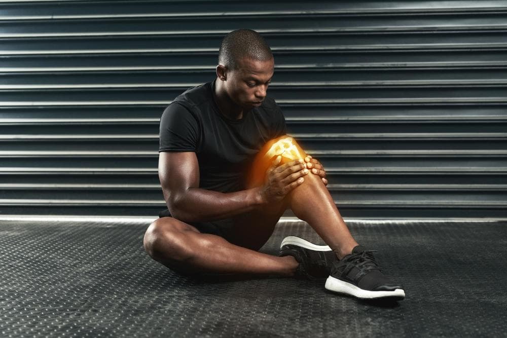 An athlete is shown on a gym floor, clutching his knee and wincing from the pain. There's a radiant glow focused around the knee joint to show that there is damage to the ligament or internal knee pain.