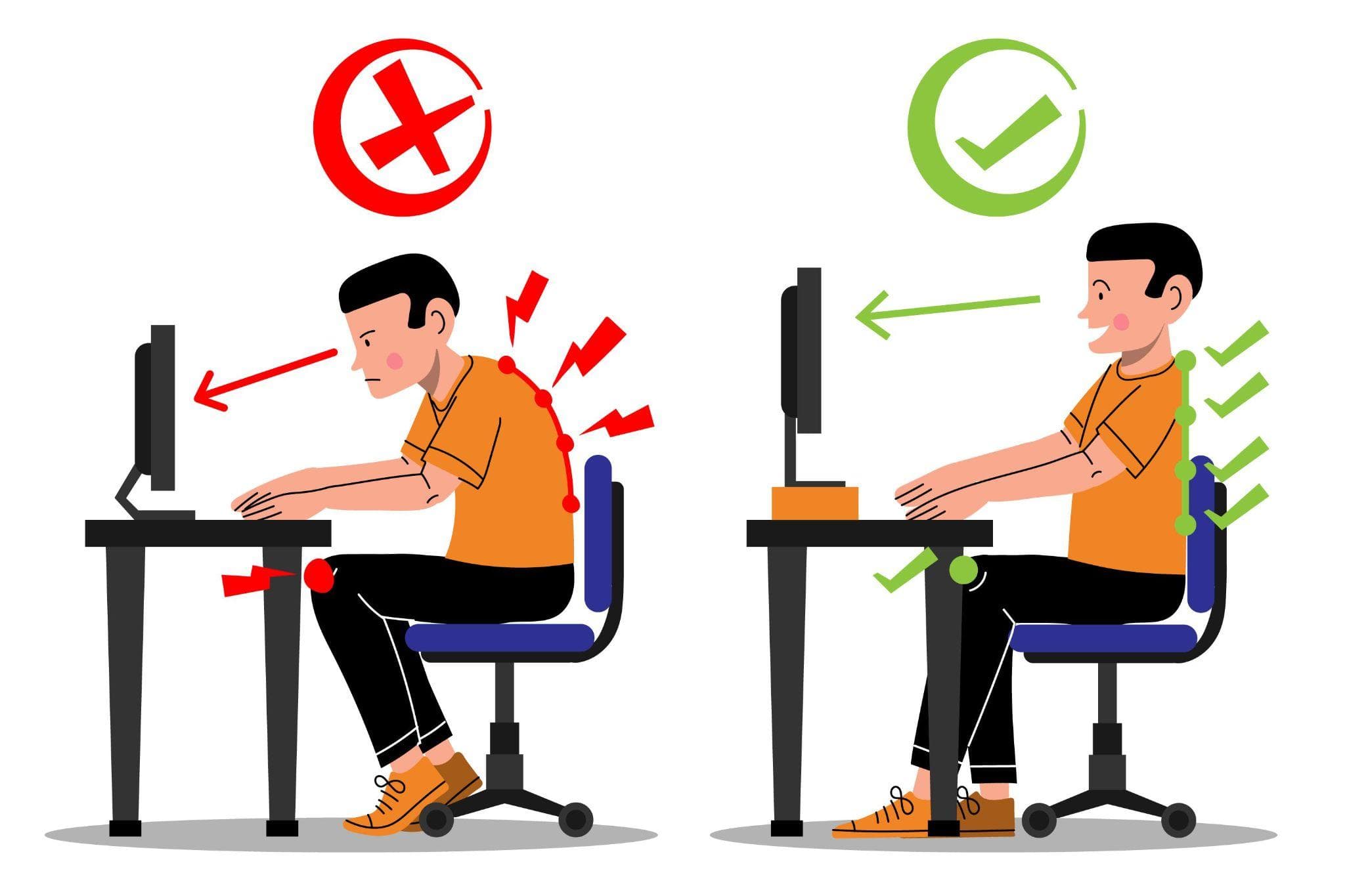 An illustration is shown comparing a man sitting with a bad posture and working on a laptop on one side, and on the other side, he is sitting correctly and working on a laptop.