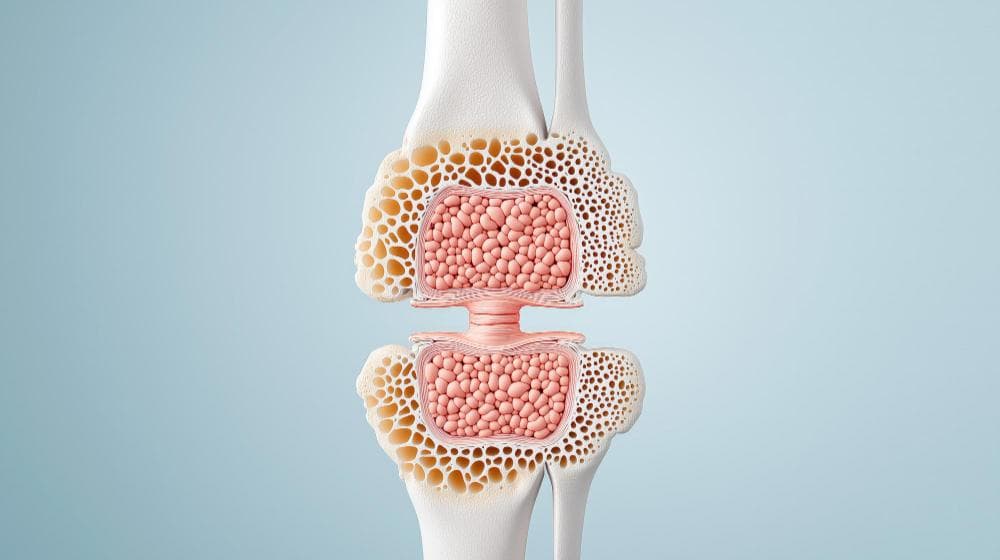 This is a cross-sectional view of the knee joint viewed up close. The image displays the soft, pink cartilage cushioning the porous white bone that is textured with a little porous, honeycomb-like structure.