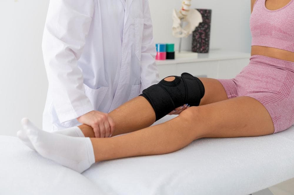 A healthcare professional assesses a patient's knee, which is wrapped in a black support brace. The patient is lying on a treatment bed with one leg extended. Medical equipment and colorful supplies are visible in the background.