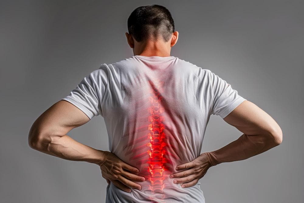A man in a white shirt is shown from behind, gripping his lower back with both hands and displaying a pained expression. The outline of a spine is illuminated in red down his back, visually representing discomfort.