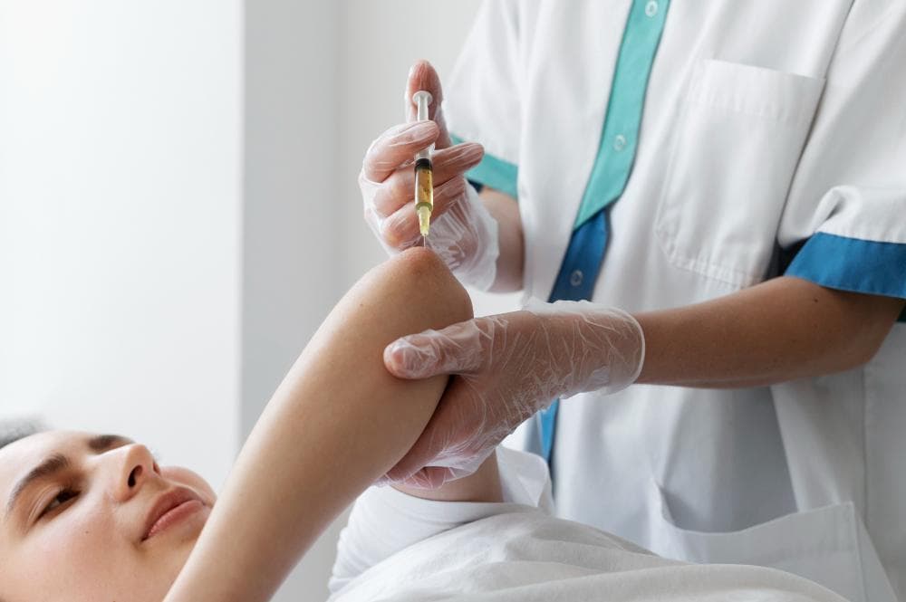 A healthcare professional is administering an injection into the arm of a patient lying on a table. The patient has a relaxed expression, and the focus is on the syringe as the needle approaches the skin.