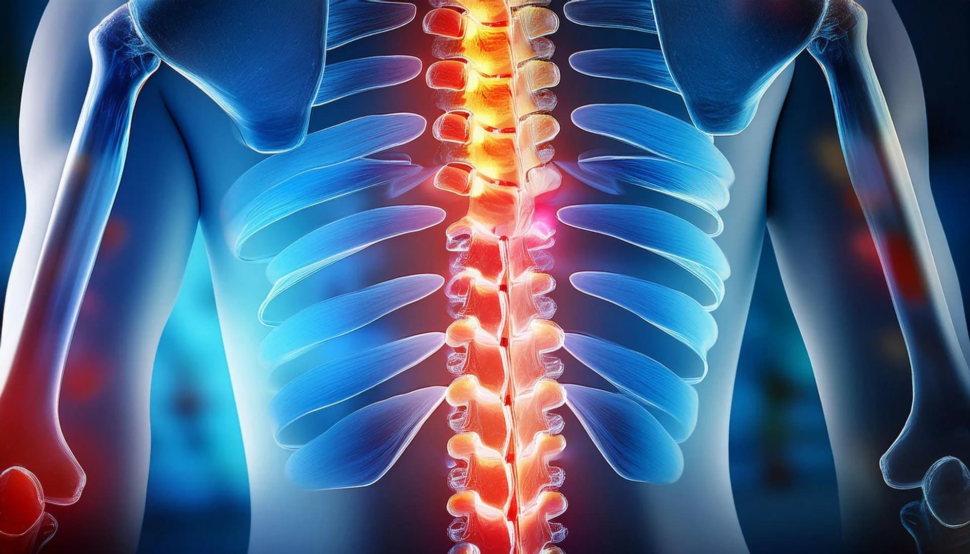 A detailed spine image highlighting a slip disc compressing nerves and causing radiating back pain.
