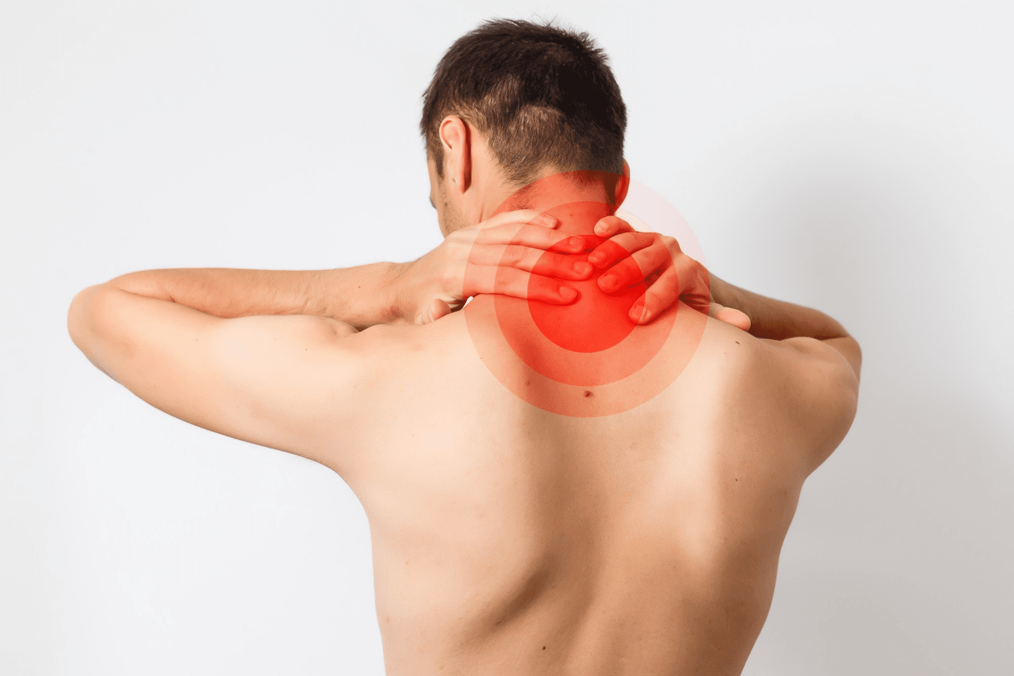 Man experiencing cervical neck pain with associated shoulder and upper back discomfort.