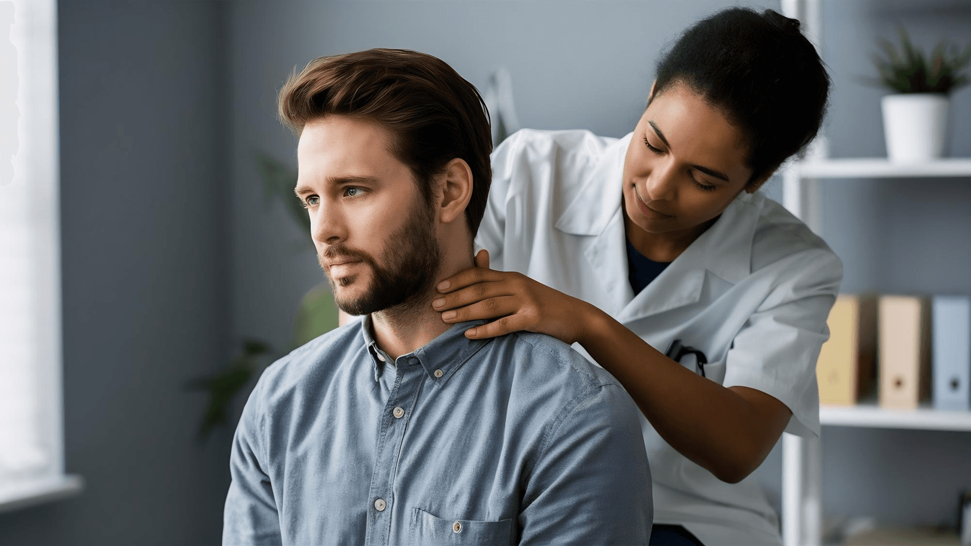 Man consulting a doctor for evaluation and treatment of cervical neck pain.
