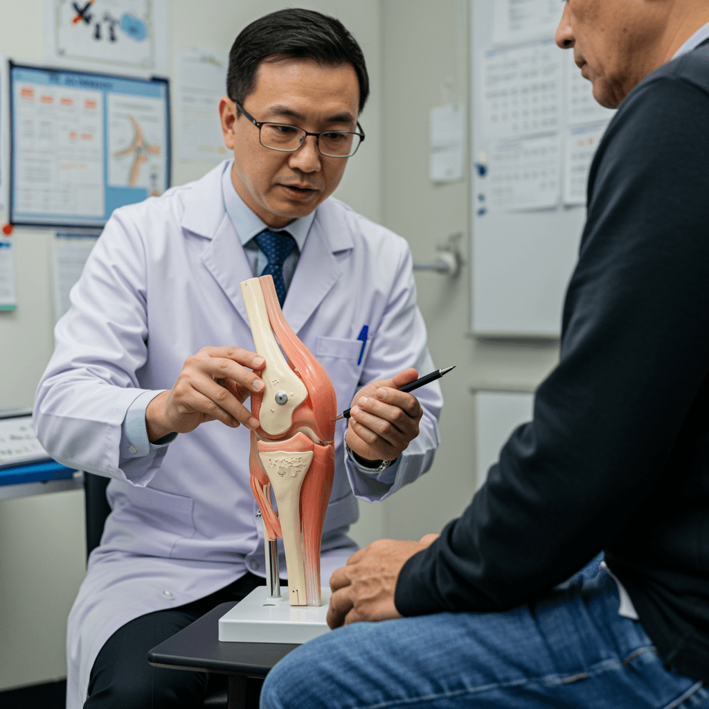 An orthopedic doctor explaining knee joint anatomy to a patient during consultation.