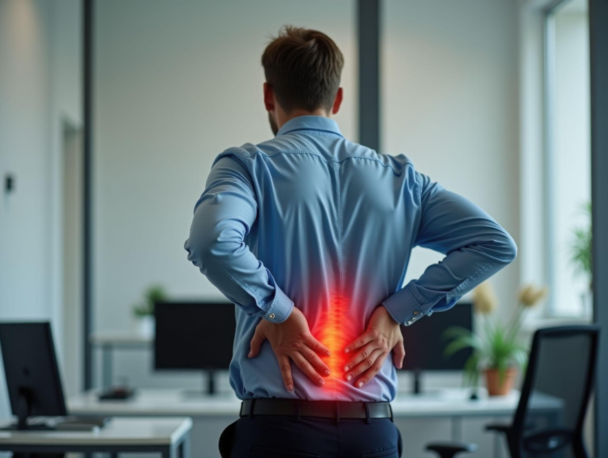 Improper posture causing back pain for a working man